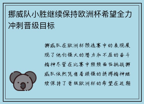 挪威队小胜继续保持欧洲杯希望全力冲刺晋级目标
