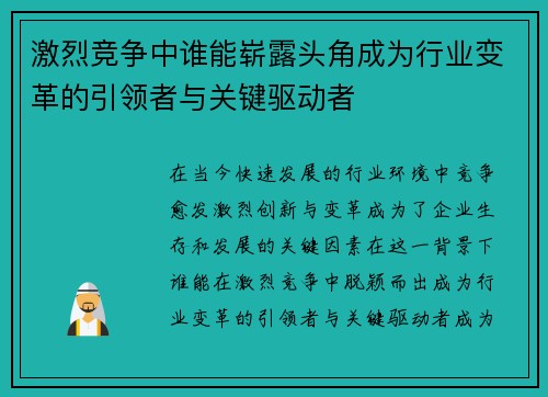 激烈竞争中谁能崭露头角成为行业变革的引领者与关键驱动者